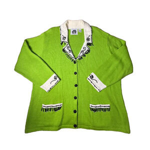 Storybook Knits Lime Green Collared Cardigan Sweater White Black Beaded Sz 2X